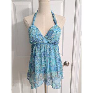 Jordache Y2k Babydoll Halter Top Sz S Blue Paisley Asymmetrical Tie Back Fairy